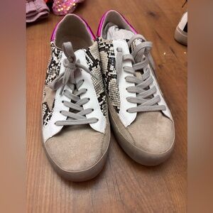 ShuShop Beige Suede Sneakers with Snake Print & Pink Accent